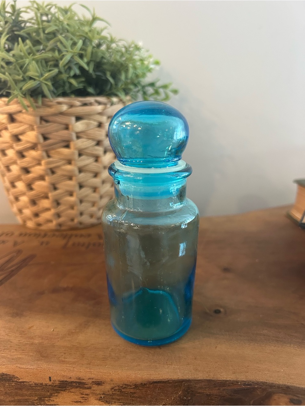 Blue Glass Apothecary Jar with Stopper bubble top